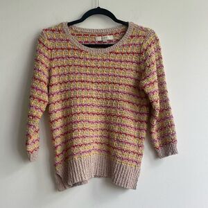 Loft Cotton Pink/Yellow Striped Sweater w/ 3/4 sleeves - Small
